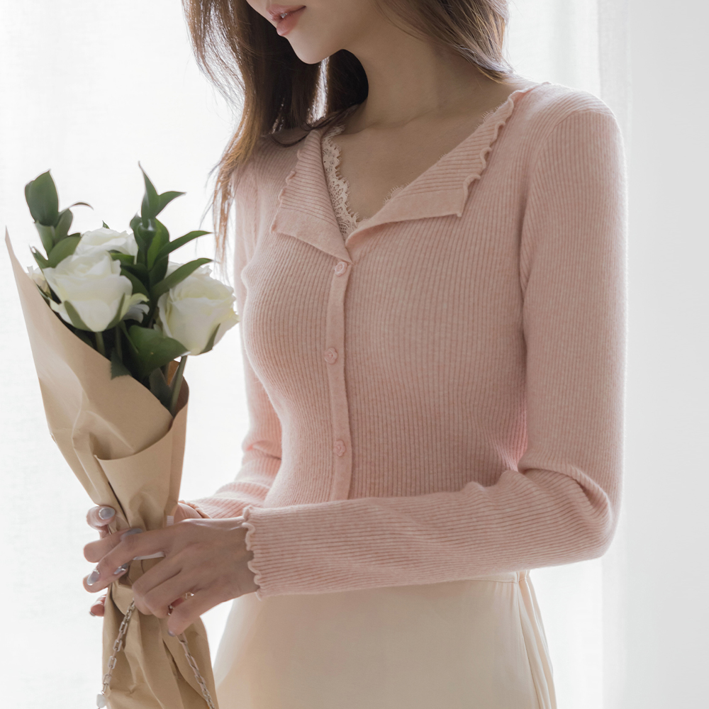 敞开式领口 蕾丝 条绒 花纹 扣子 针织衫