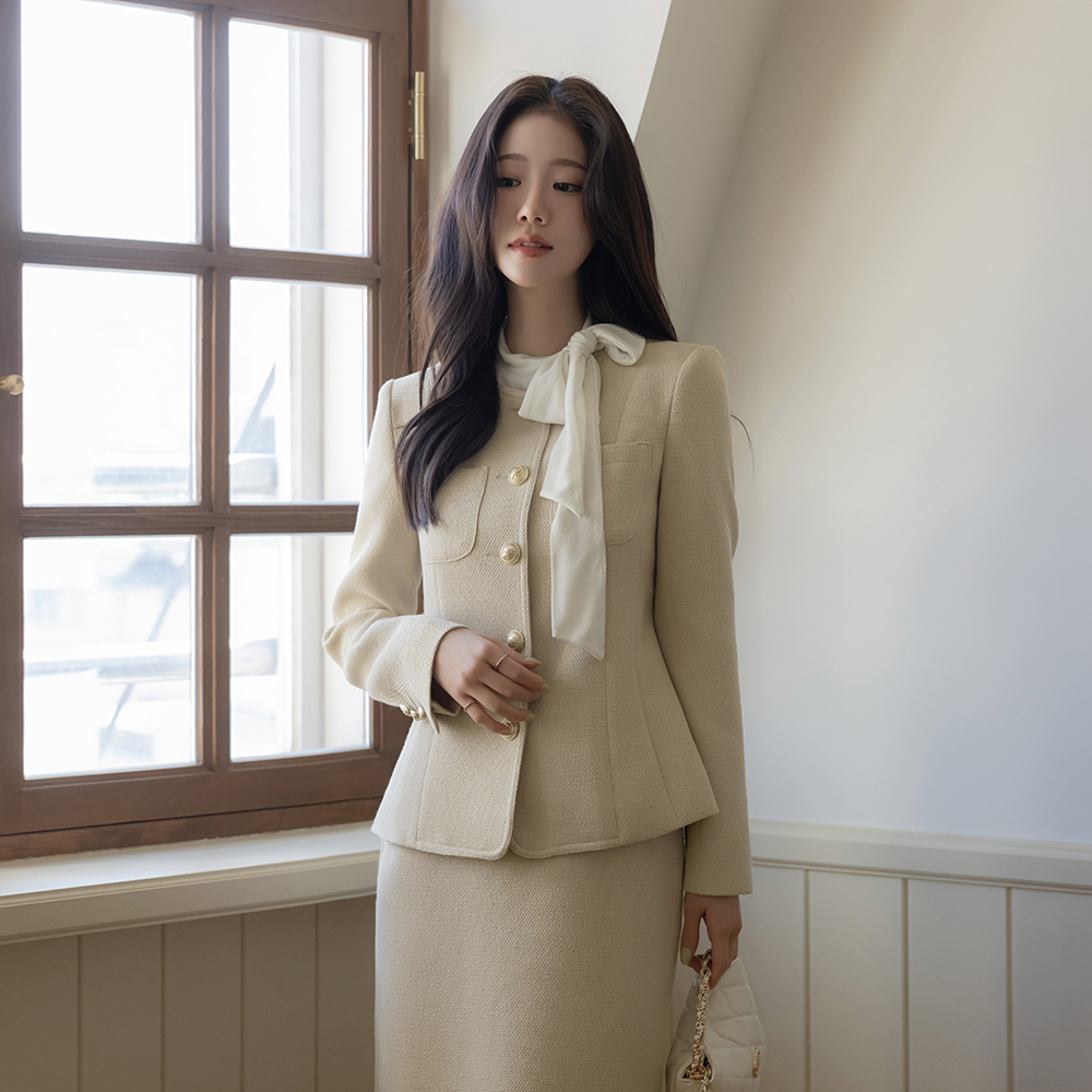 圆领 粗呢 珍珠 Set-up 夹克