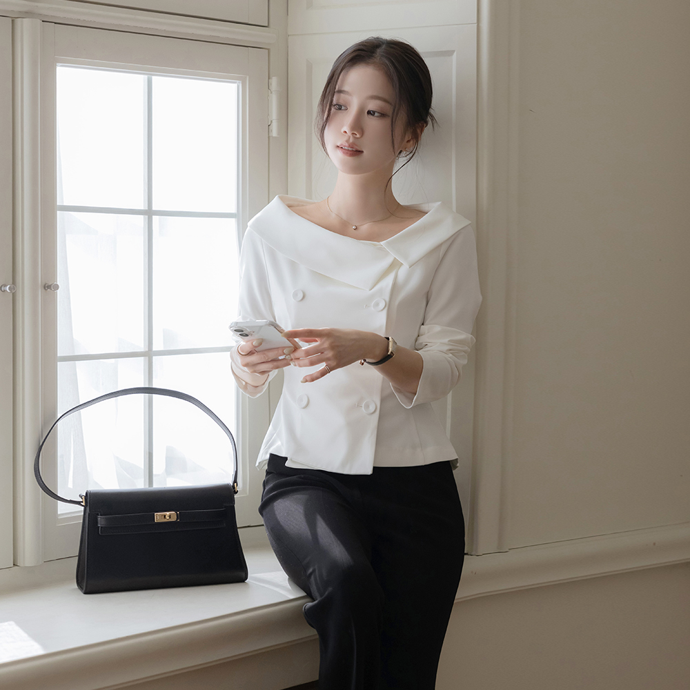 宽松 翻领 双排扣 修身 罩衫