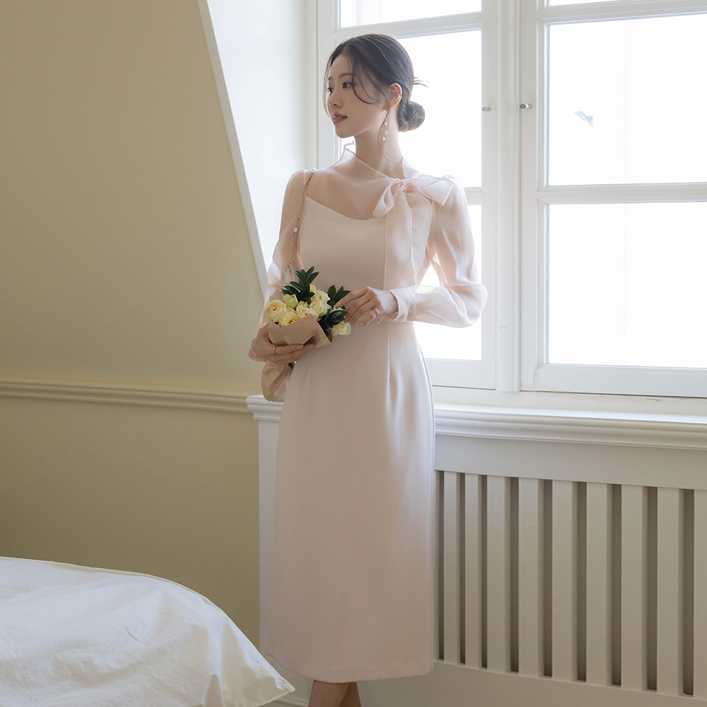 浪漫 蝴蝶结领口 透视 配色 H字型 连衣裙