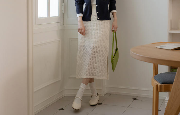 花纹 开衩 后侧松紧带 裙子