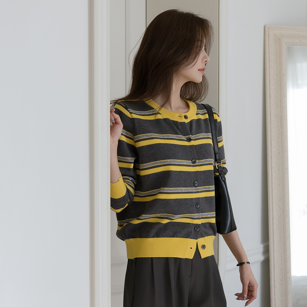 圆领 条纹 配色 针织衫 开衫