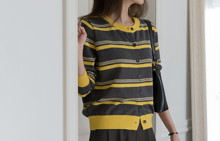 圆领 条纹 配色 针织衫 开衫