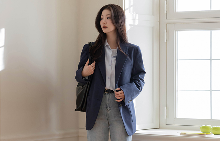 修身 翻领 宽松 夹克(+腰带)