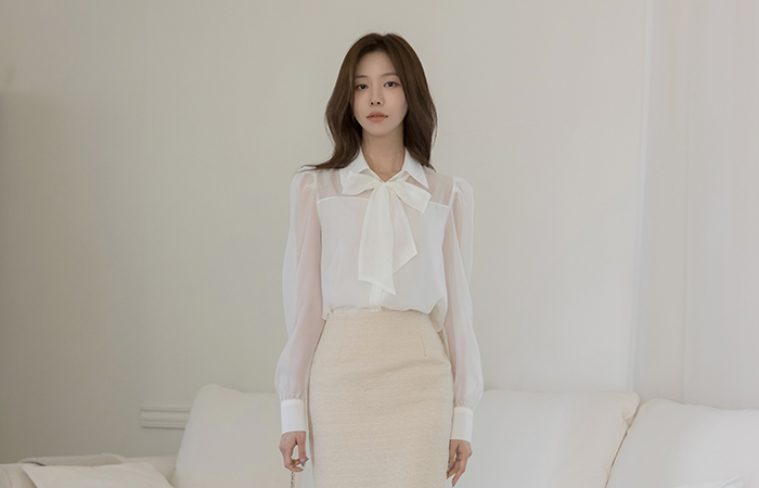 翻领 泡泡袖 透视 二重 罩衫(+围巾)