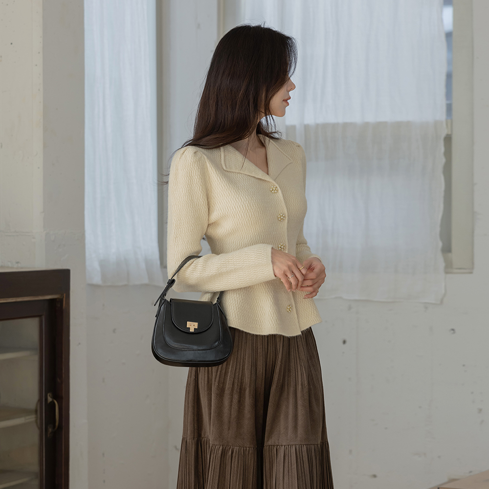 敞开式领口 荷叶边 泡泡袖 开衫 针织衫