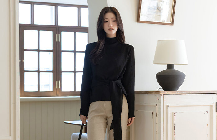 半高领 长袖 罩衫(+腰带)