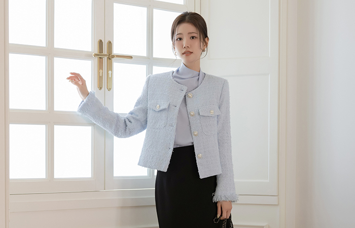 圆领 穗饰 颜色 粗呢 夹克