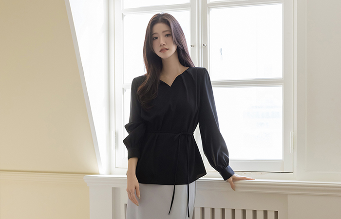 开口领子 细褶 罩衫(+腰带)