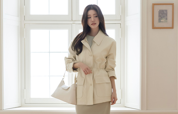 翻领 抽绳 短上衣 人造皮夹 夹克