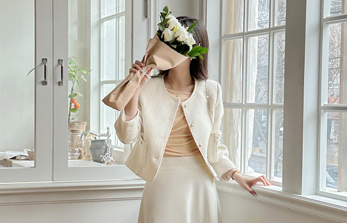 圆领 珍珠 粗呢 夹克