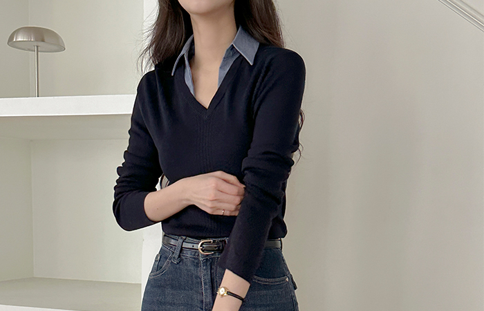 柔丝 层叠 衬衫 V字领 针织衫