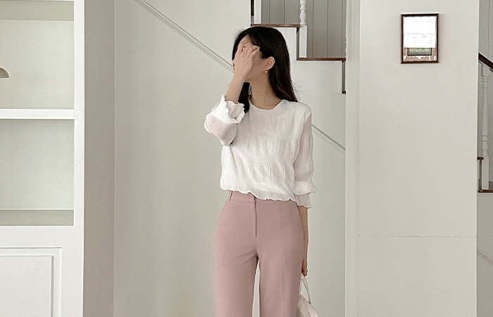 圆领 去皱纹 二重 弹力 罩衫