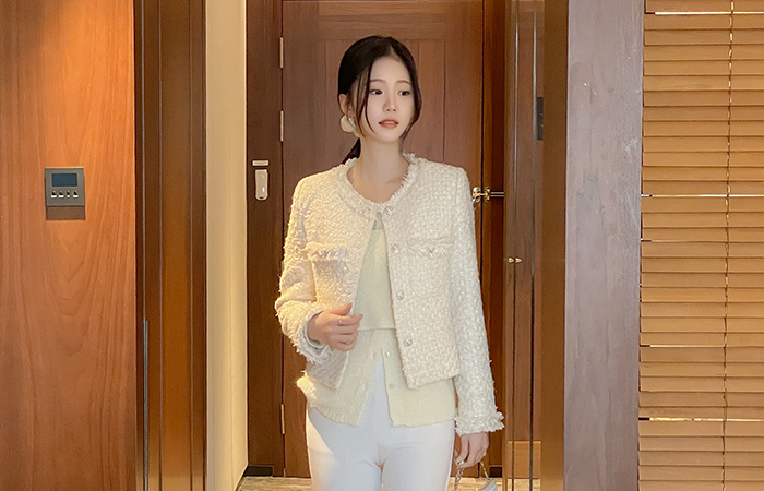 颜色 点缀 珍珠 穗饰 粗呢 夹克