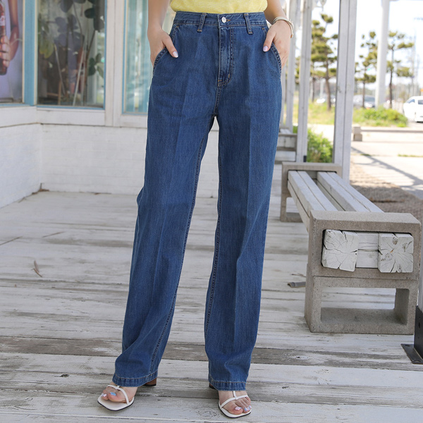 点缀 去皱纹 柔丝 宽松 长款 牛仔色 裤子