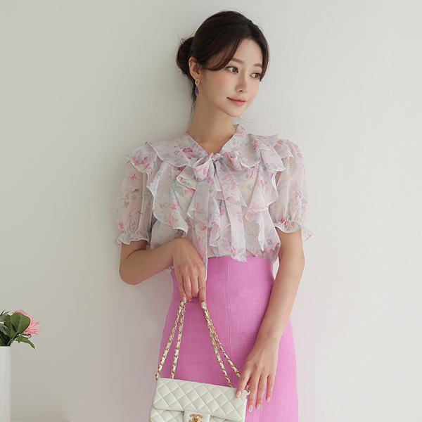 二重 荷叶边线条 玫瑰 领带 罩衫