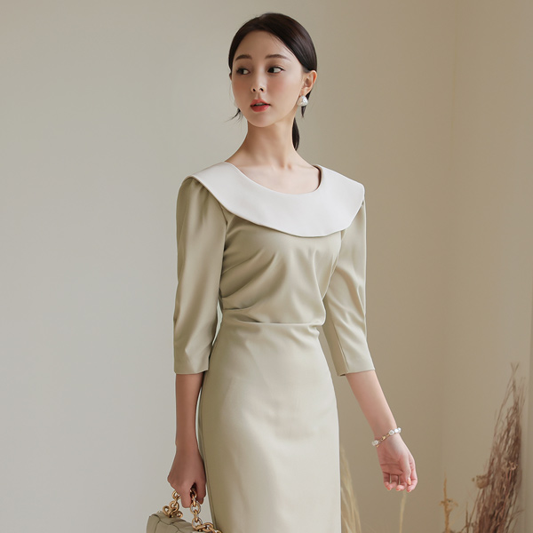 宽松 单个 领子 配色 褶皱 连衣裙