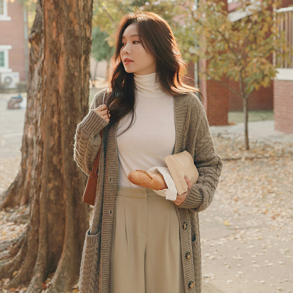 秋季 情调 麻花 编织的 大理石扣 宽松 长款 开衫