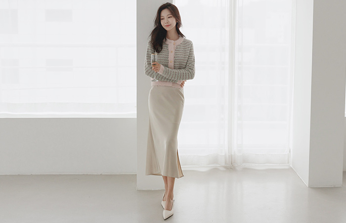 有光泽 绸缎 侧纽 深 开衩 裙子