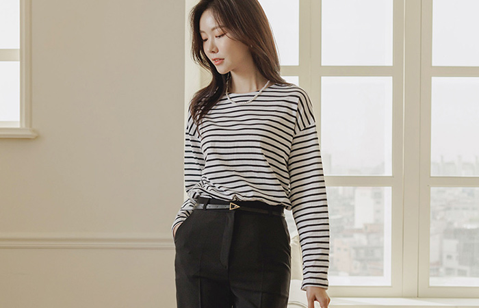 后面 补丁 点缀 条纹 T恤衫