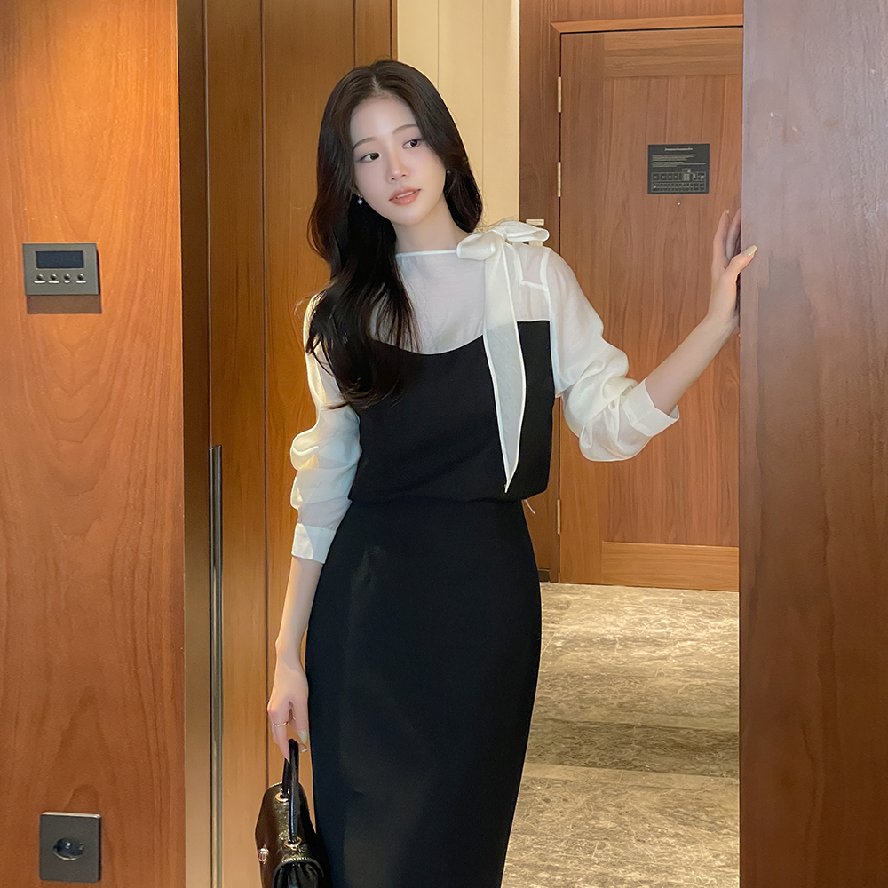 蝴蝶结领口 分层 配色 罩衫