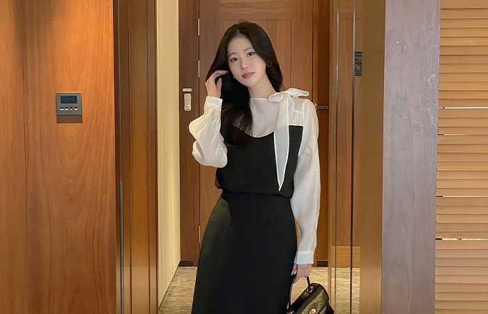 蝴蝶结领口 分层 配色 罩衫