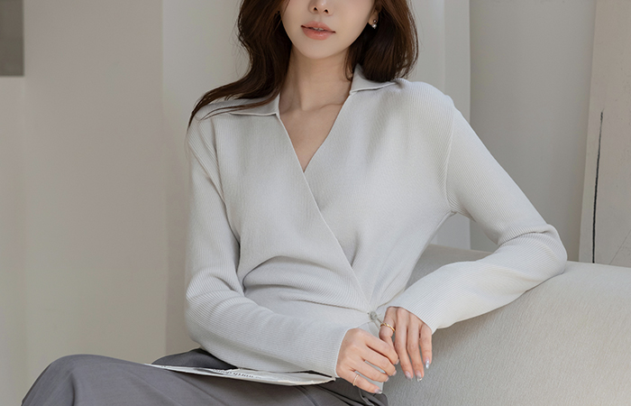 领子 裹身 扣子 八字纹 针织衫