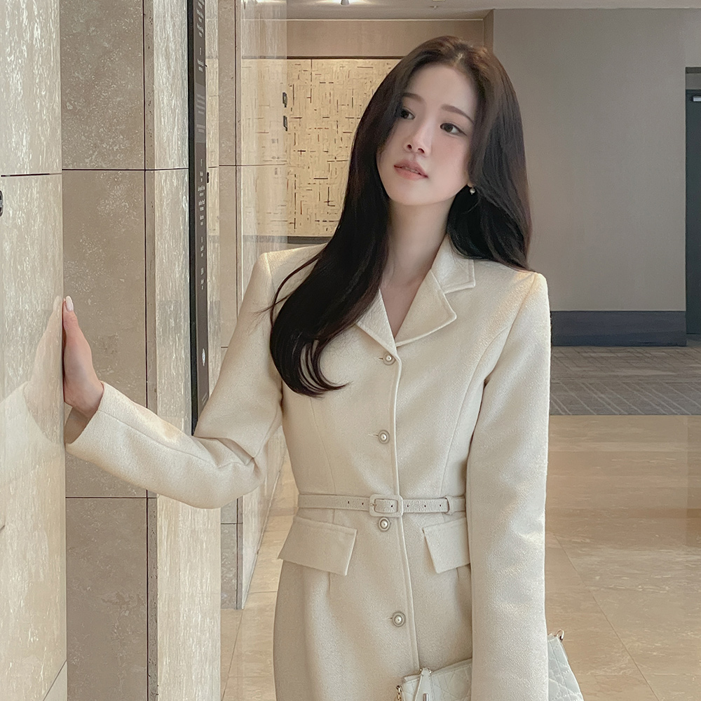 天鹅式 粗呢 珍珠 H字型 连衣裙(+腰带)