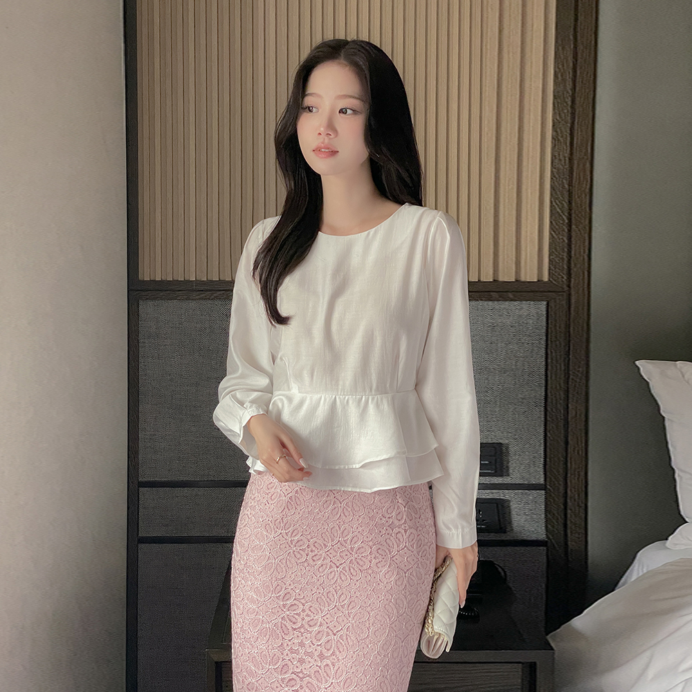 圆领 系带绳子 二重 荷叶边 罩衫