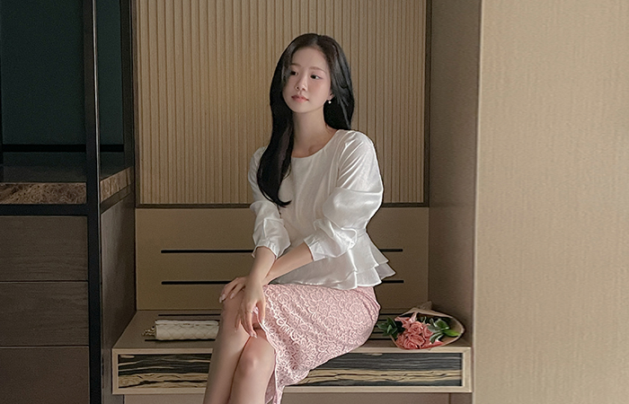 圆领 系带绳子 二重 荷叶边 罩衫