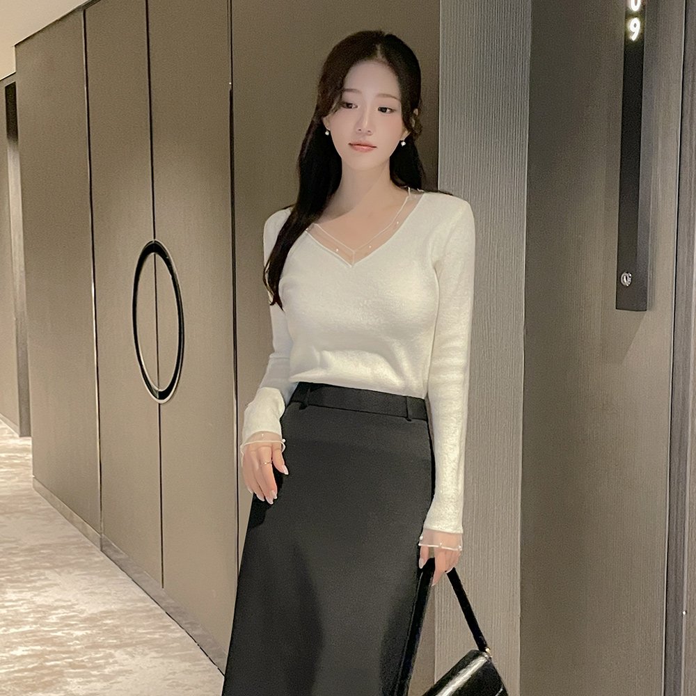 V领 薄纱 珍珠 配色 针织衫