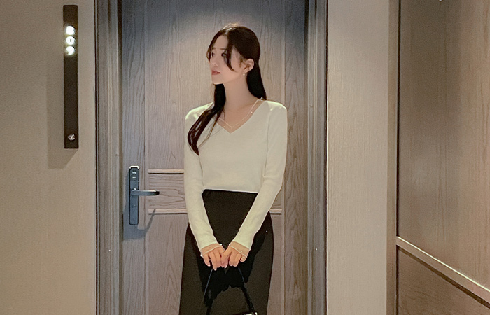 V领 薄纱 珍珠 配色 针织衫