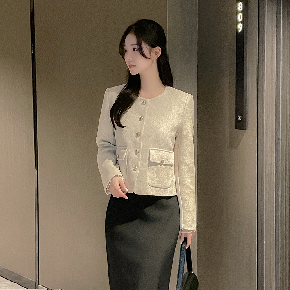 古典 圆领 粗呢 夹克