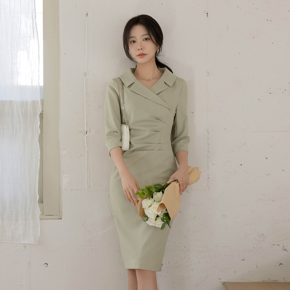 裹身风格 褶皱 H字型 7分 连衣裙(+腰带)