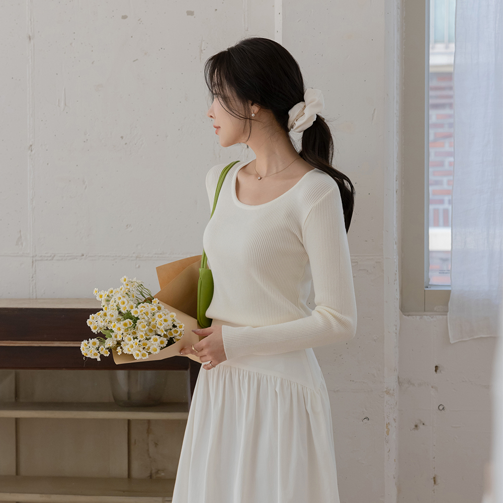 센느 基本 U领 条绒 针织衫