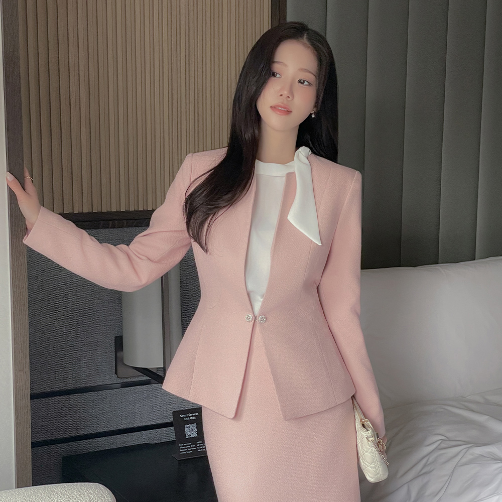 미셸 无领 荷叶边 粗呢 Set-up 夹克