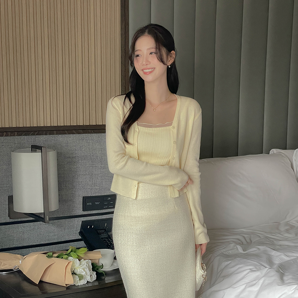 薄纱 配色 护垫内藏 针织衫 吊带背心&开衫 SET