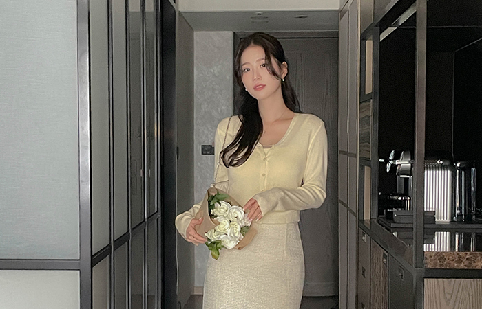 薄纱 配色 护垫内藏 针织衫 吊带背心&开衫 SET