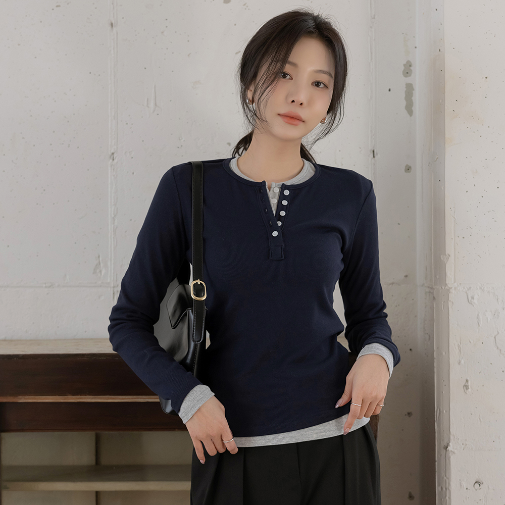 圆领 반버튼 莫代尔 条绒 T恤衫