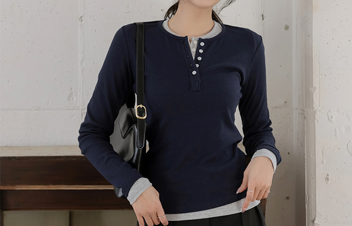 圆领 반버튼 莫代尔 条绒 T恤衫