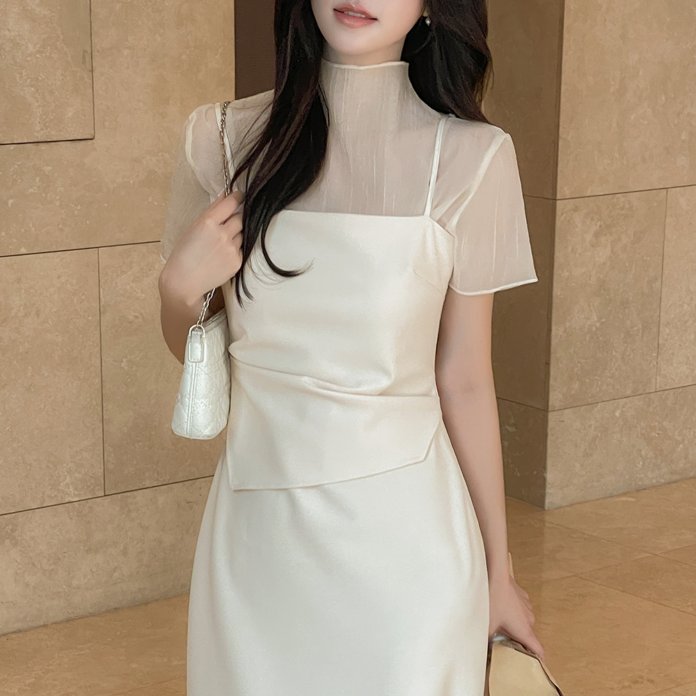 半高领 透视 短袖 罩衫