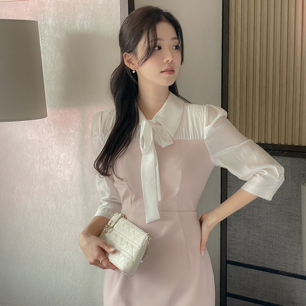 领子 蝴蝶结领口 配色 美人鱼 连衣裙