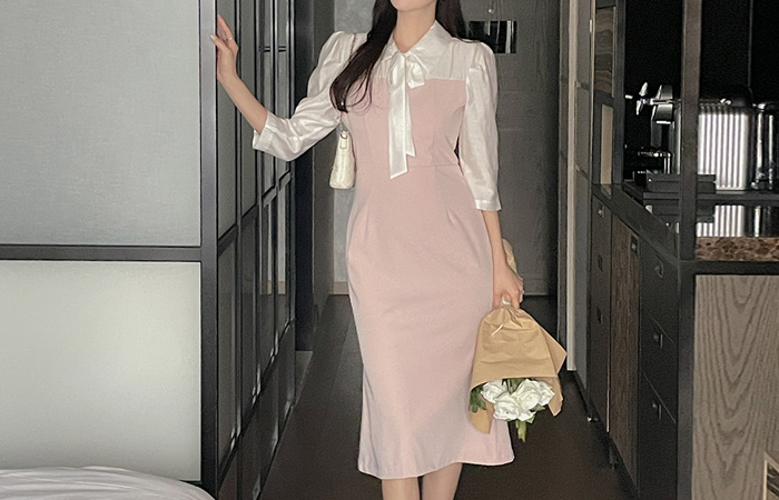 领子 蝴蝶结领口 配色 美人鱼 连衣裙