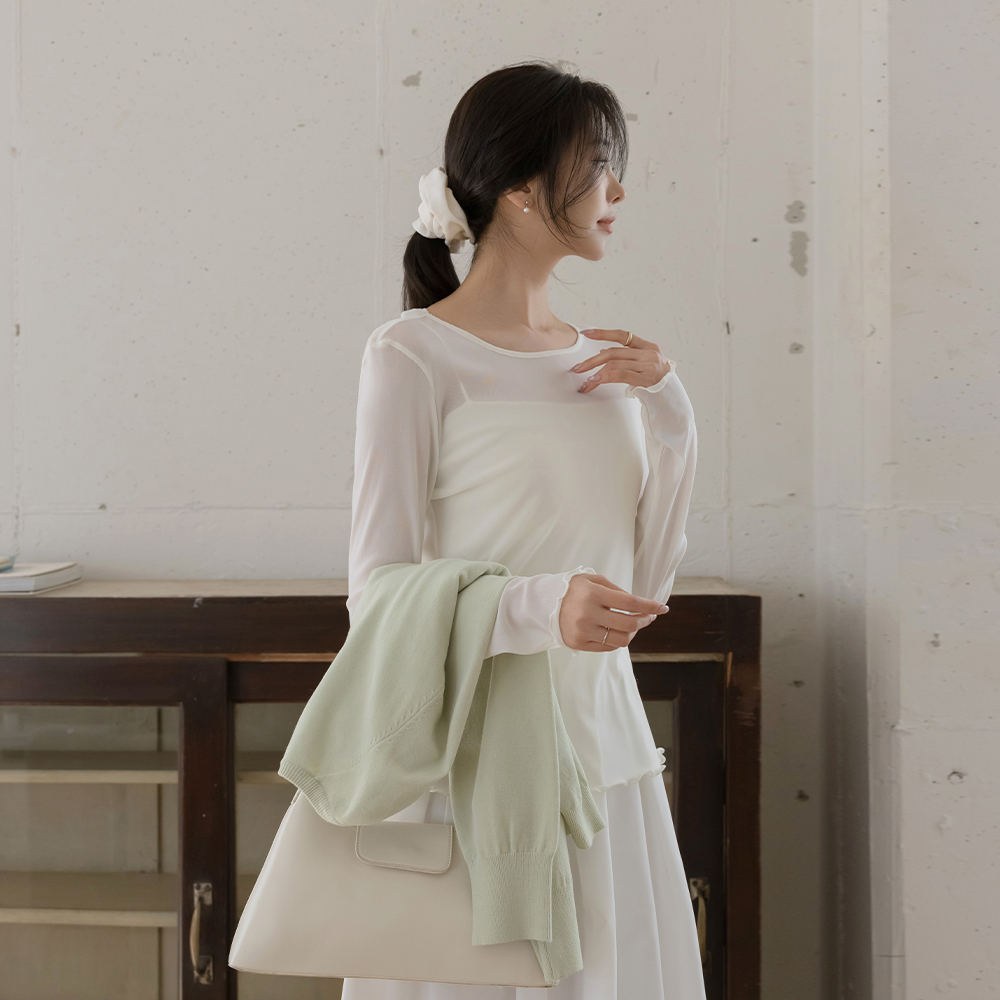 细密 圆领 透视 T恤衫