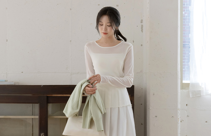 细密 圆领 透视 T恤衫