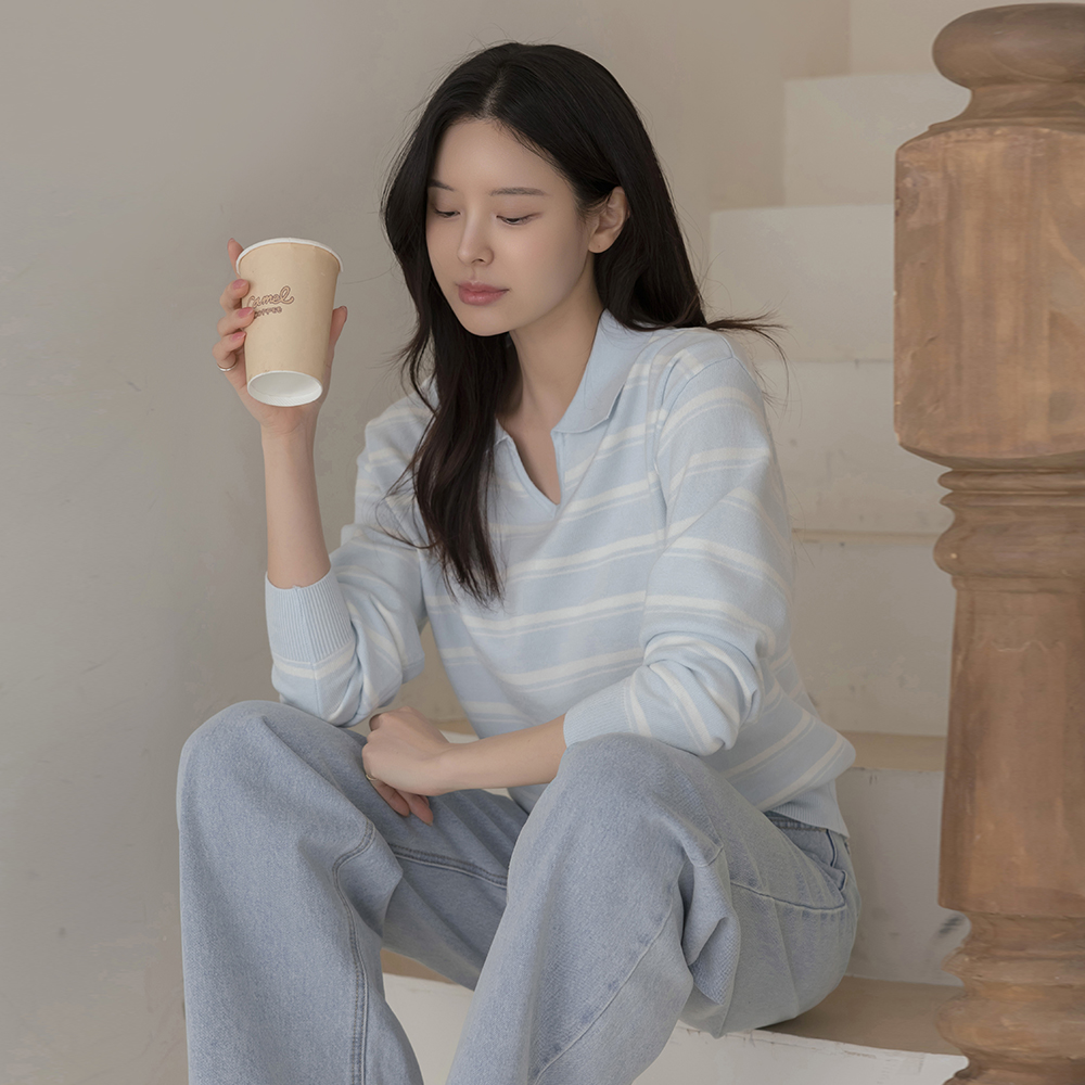 糖 领子 开口领子 条纹 针织衫