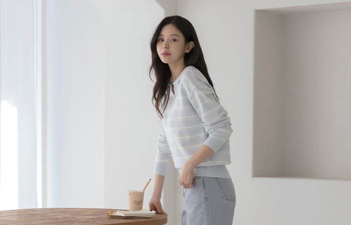 糖 领子 开口领子 条纹 针织衫