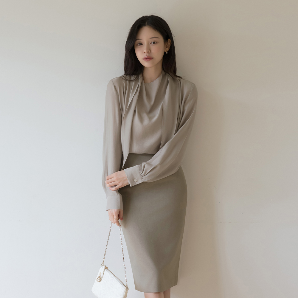 围巾领 透视 长袖 罩衫