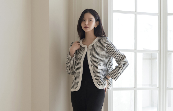 圆领 荷叶 配色 粗呢 夹克