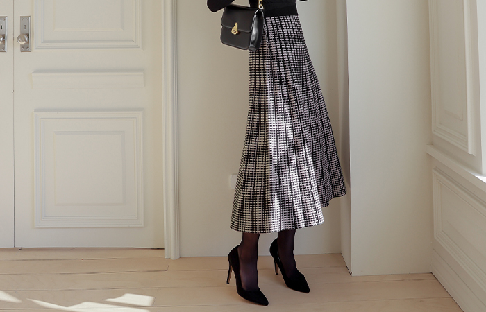 格子 配色 喇叭 针织衫 裙子